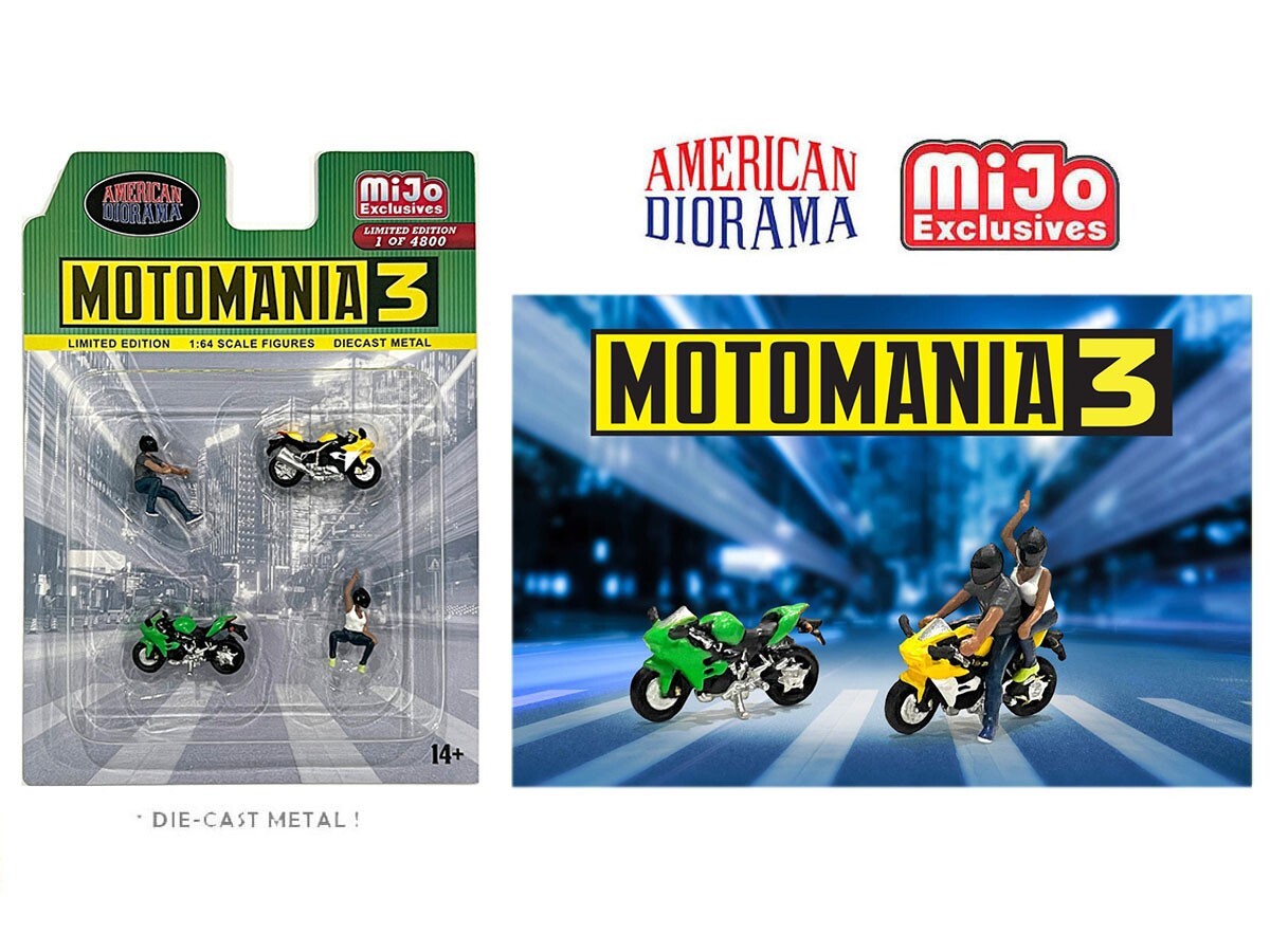 AMERICAN DIORAMA DIECAST FIGURES MOTO MANIA 3 FIGURE & BIKE 1/64 SET AD-76499