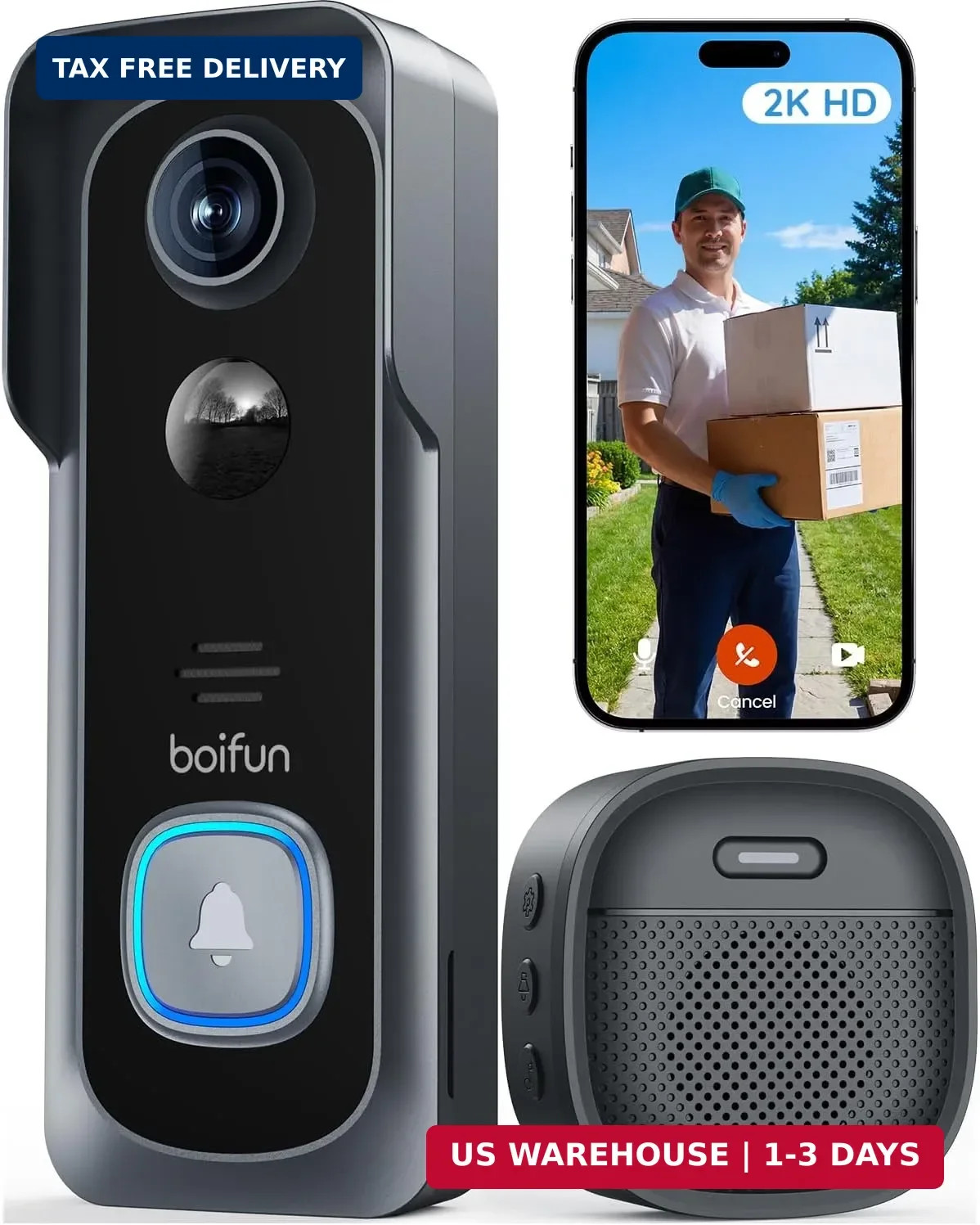 Video Doorbell Camera Wireless - No Subscription Required, 2K HD, 166° Wi