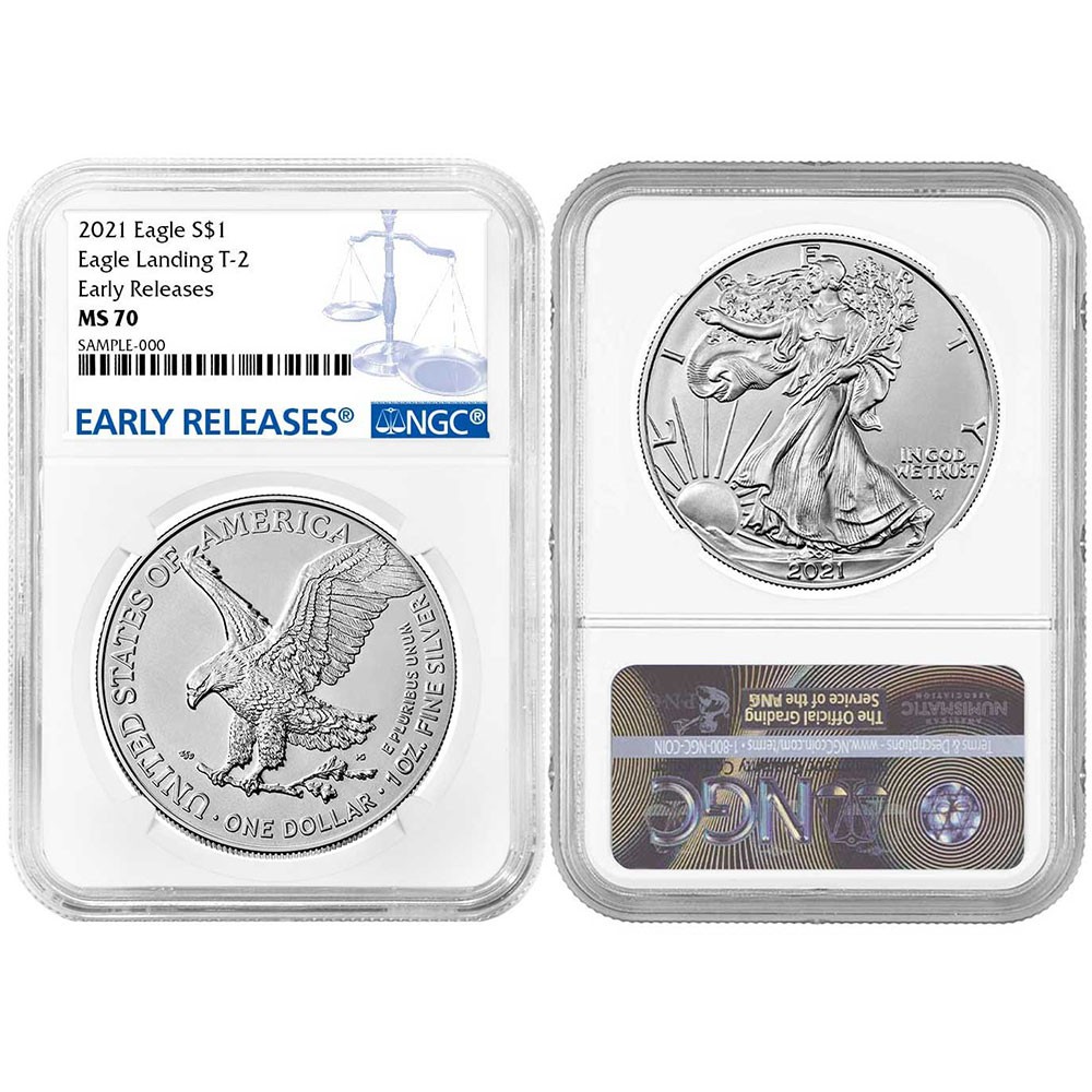 2021 $1 Type 2 American Silver Eagle NGC MS70 ER Blue Label Reverse