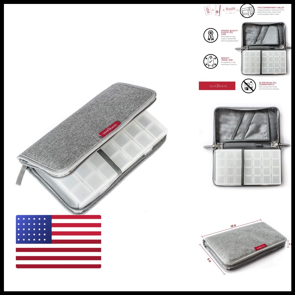 LeanTravel Pill Case Organizer with Passport Wallet, Grey, Extra Large
