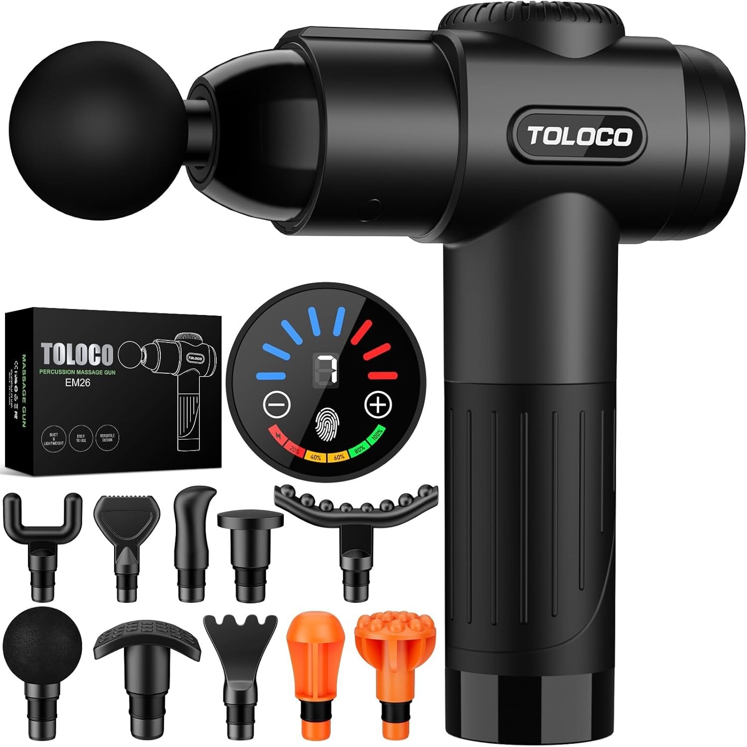 TOLOCO EM26 Deep Tissue Massage Gun 10 Heads Percussion Massager Black