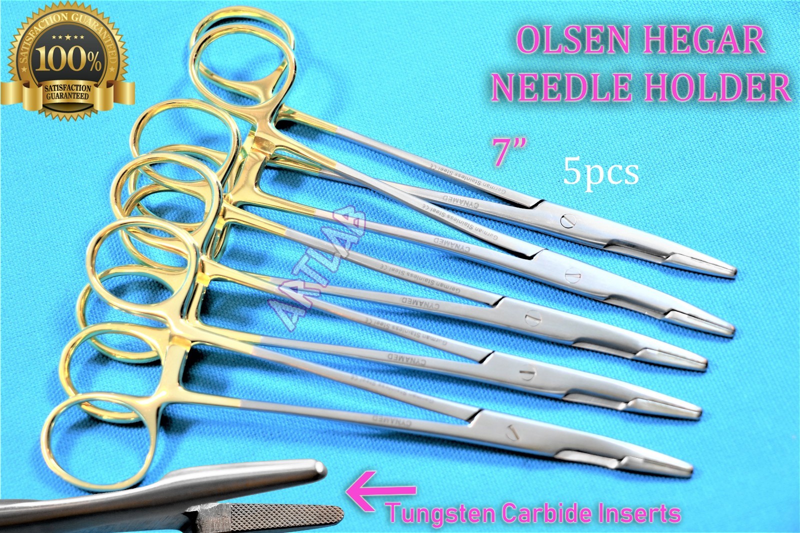 HEMOSTAT NEEDLE HOLDER OLSEN HEGAR 7" WITH T/C INSERTS GOLD RINGS GERMAN GRADE
