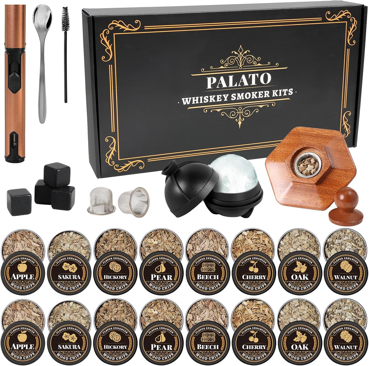 27Pcs Whiskey Smoker Kit- 16 Wood Chips,Ice Ball Molds, Cocktail Smoker Infuser