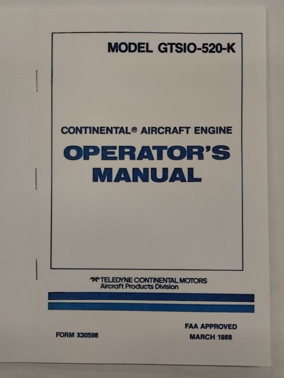 Continental Model GTSIO-520-K Operators Manual ,March 1988-Reproduction