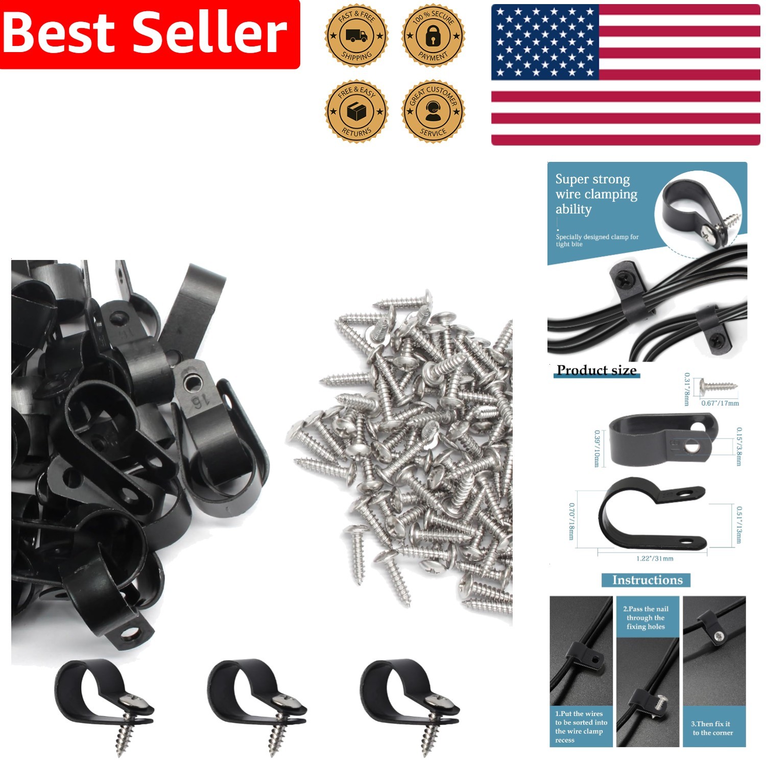 50 Pcs Black Nylon R-Type Cable Clips 5/8 Inch Wire Management Clamp Set