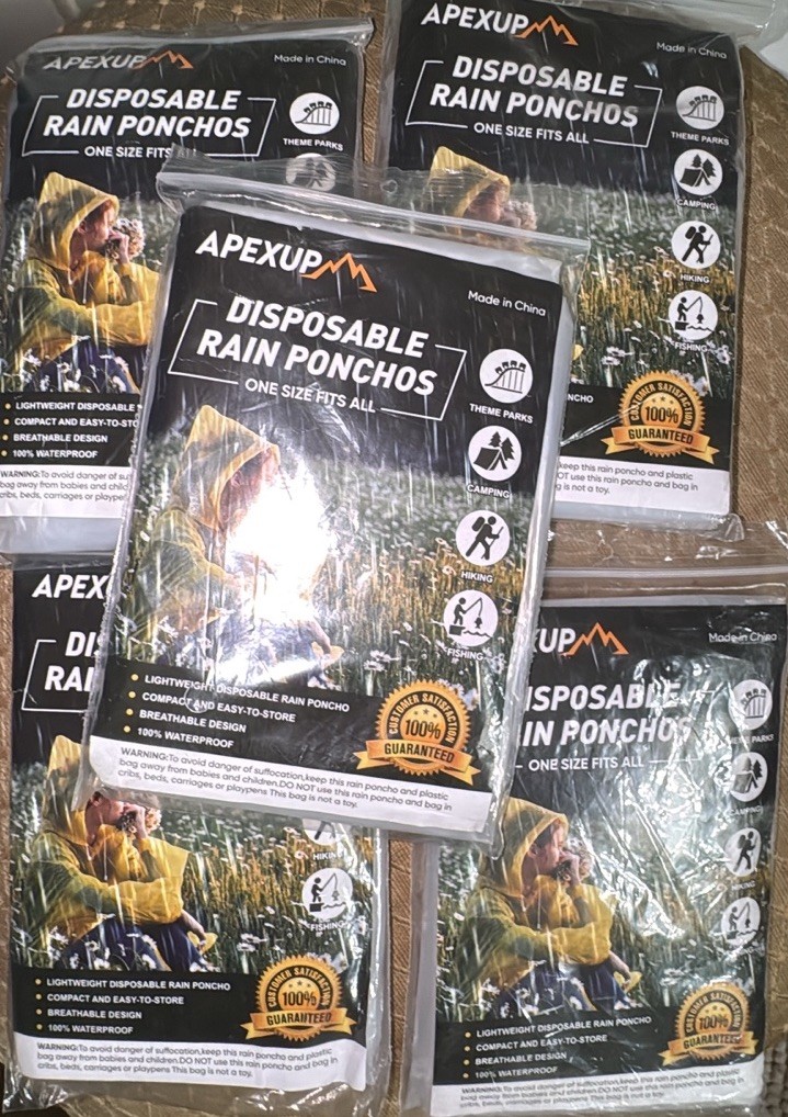 5 Packs APEXUP Disposable Rain Ponchos for Adults NEW