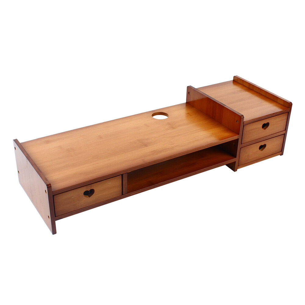 Bamboo Wood Monitor Stand Computer Riser With 2-Tier Desktop Storage