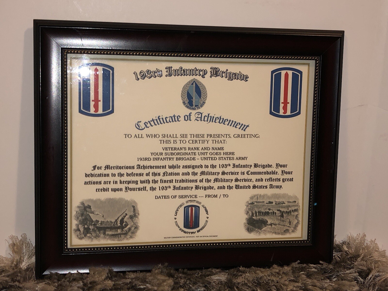 193RD INFANTRY BRIGADE - COA / (COMMEMORATIVE CERTIFICATE)