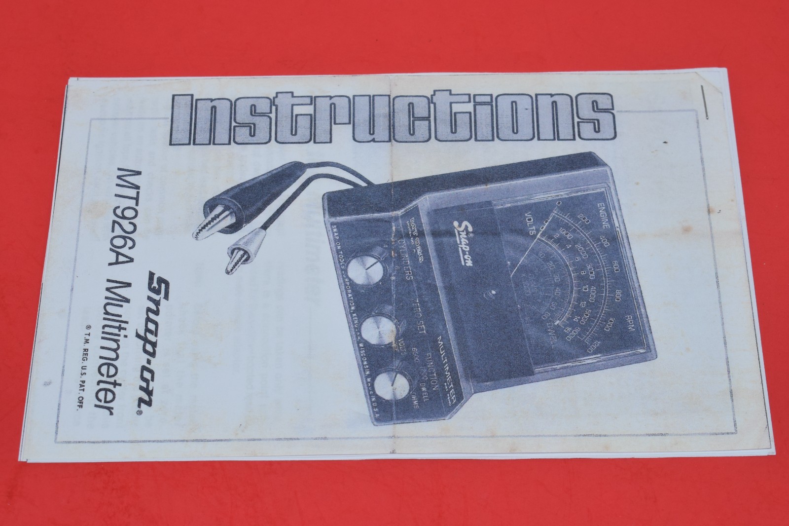 Snap-On MT926A Multimeter Volt Tach Dwell Ohm Meter Instruction Manual Only