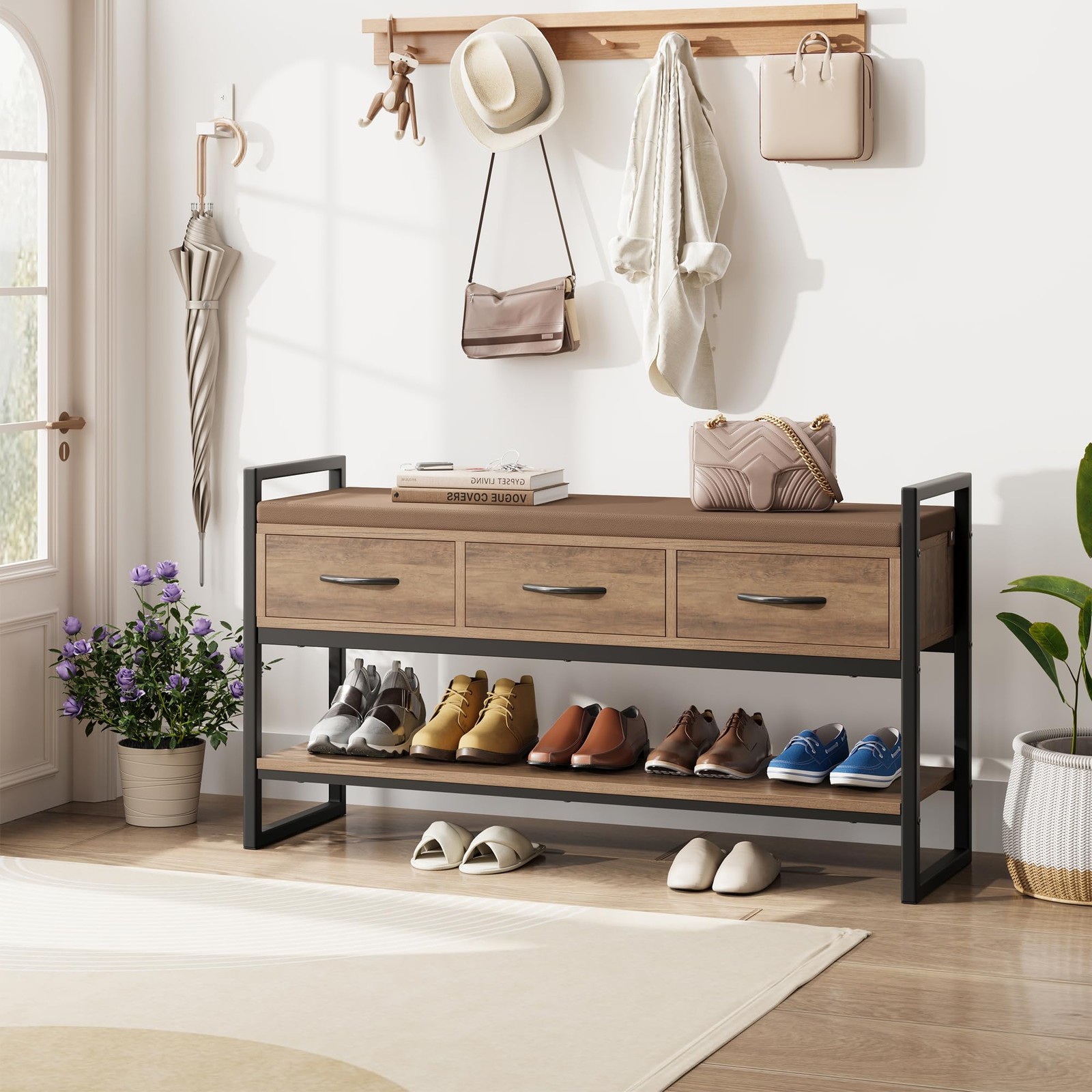 BOTLOG 39.4" Shoe Bench w/ Cushion, Industrial Storage Rack Organizer - 400lb Ca