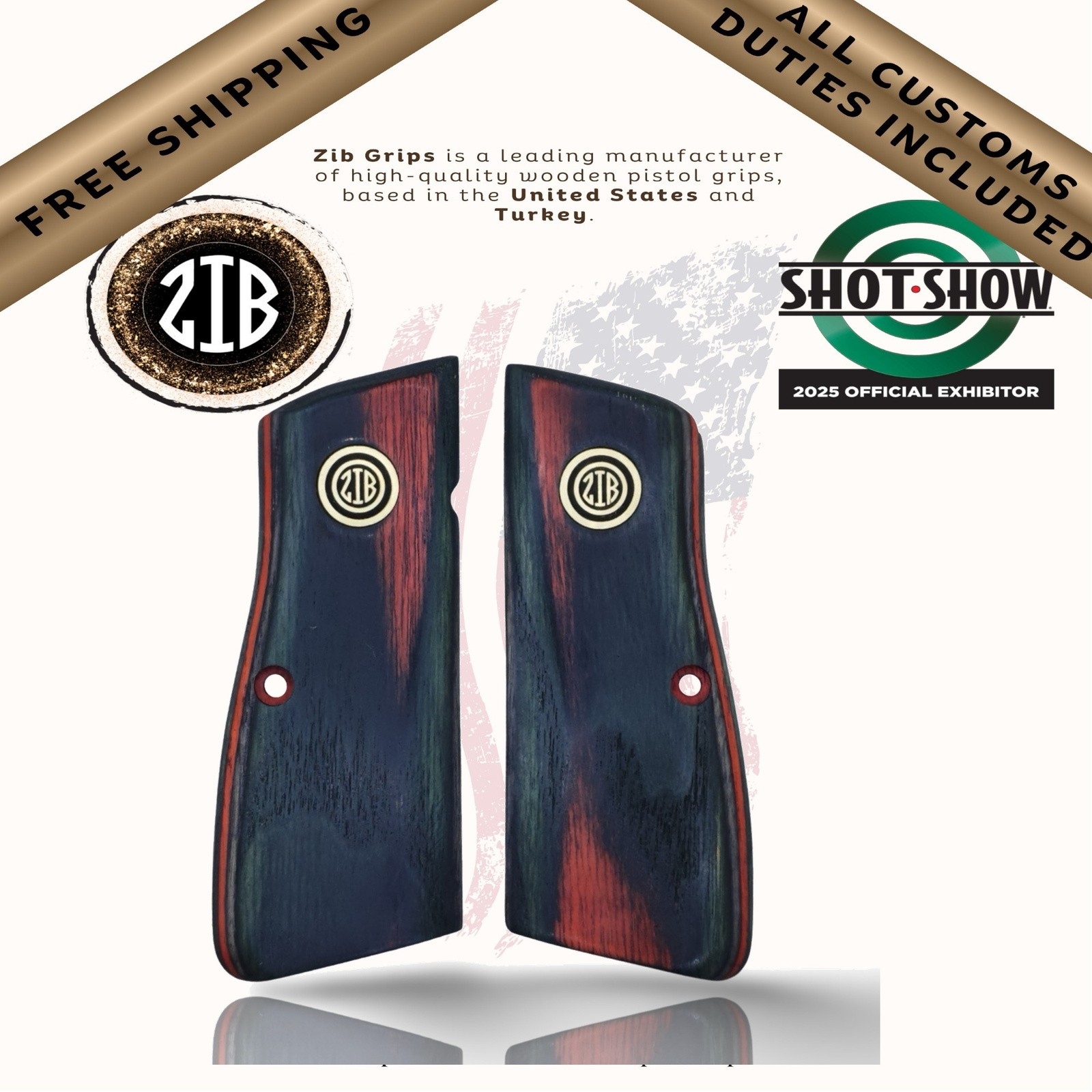 Zib Grips Laminated Wooden Series Pistol Grips for Browning HP, Metal Logo