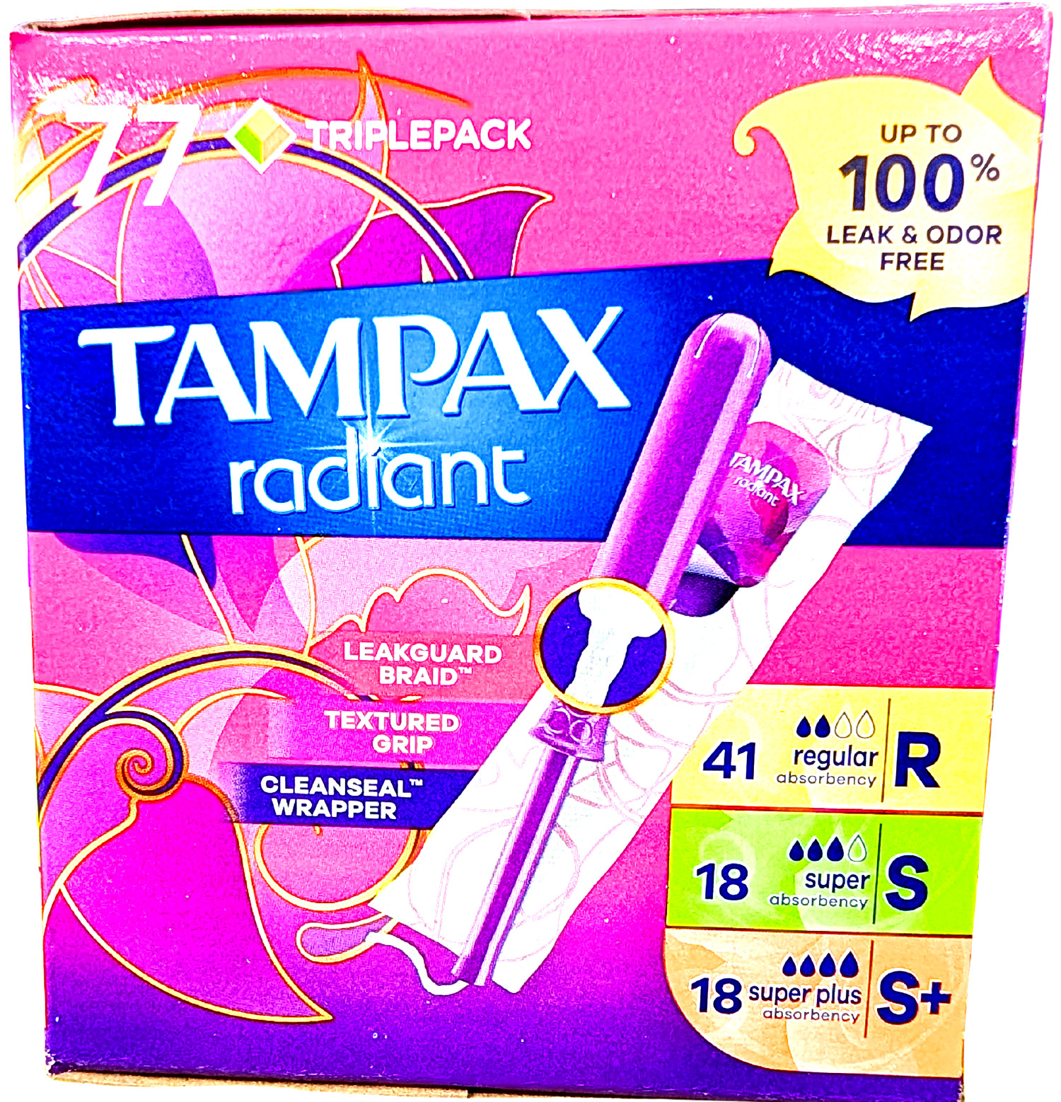 Tampax Radiant Tampons Trio Pack Unscented 77 Count