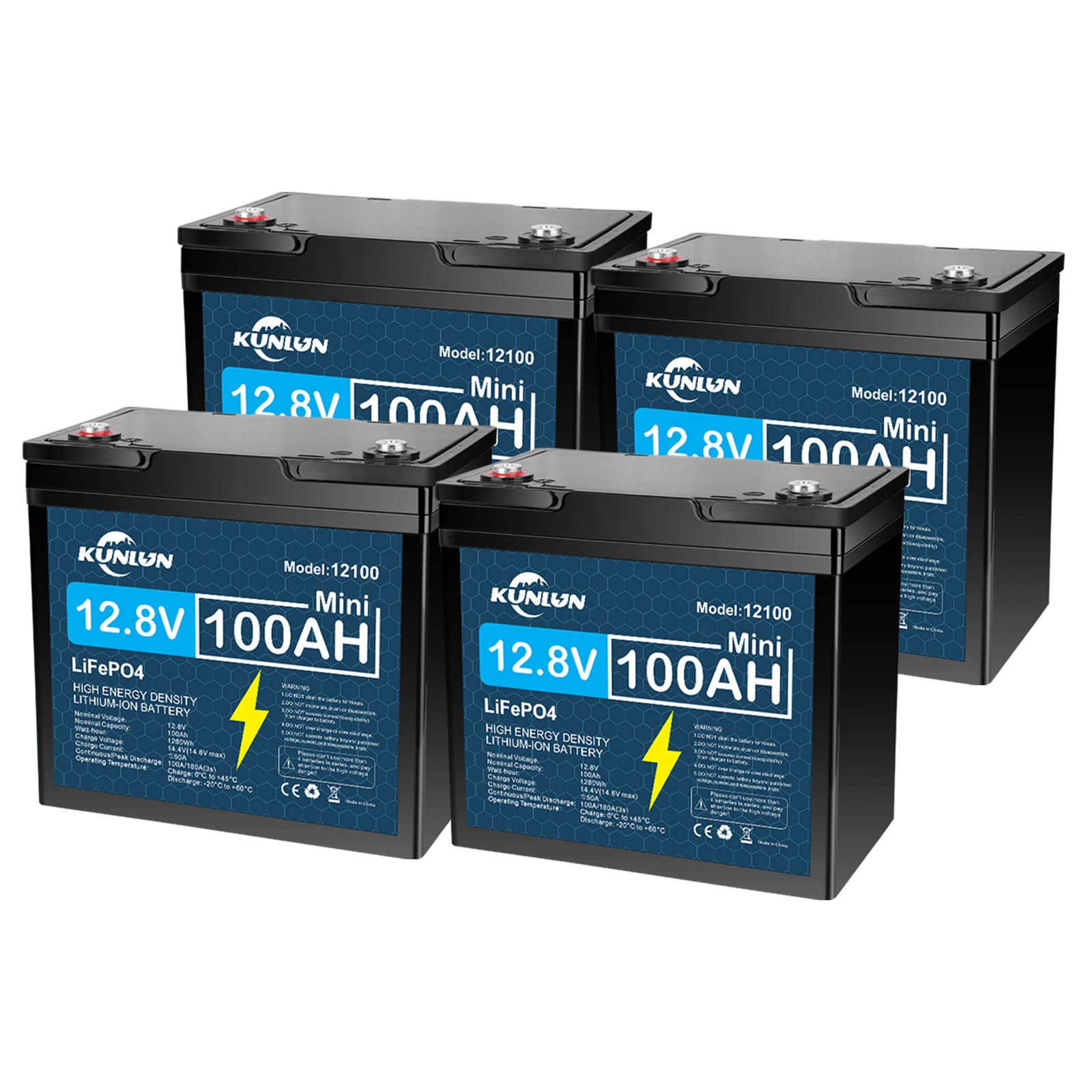4 Pack 12V 100Ah LiFePO4 Lithium Battery, Built-in 100A BMS, for Off-grid