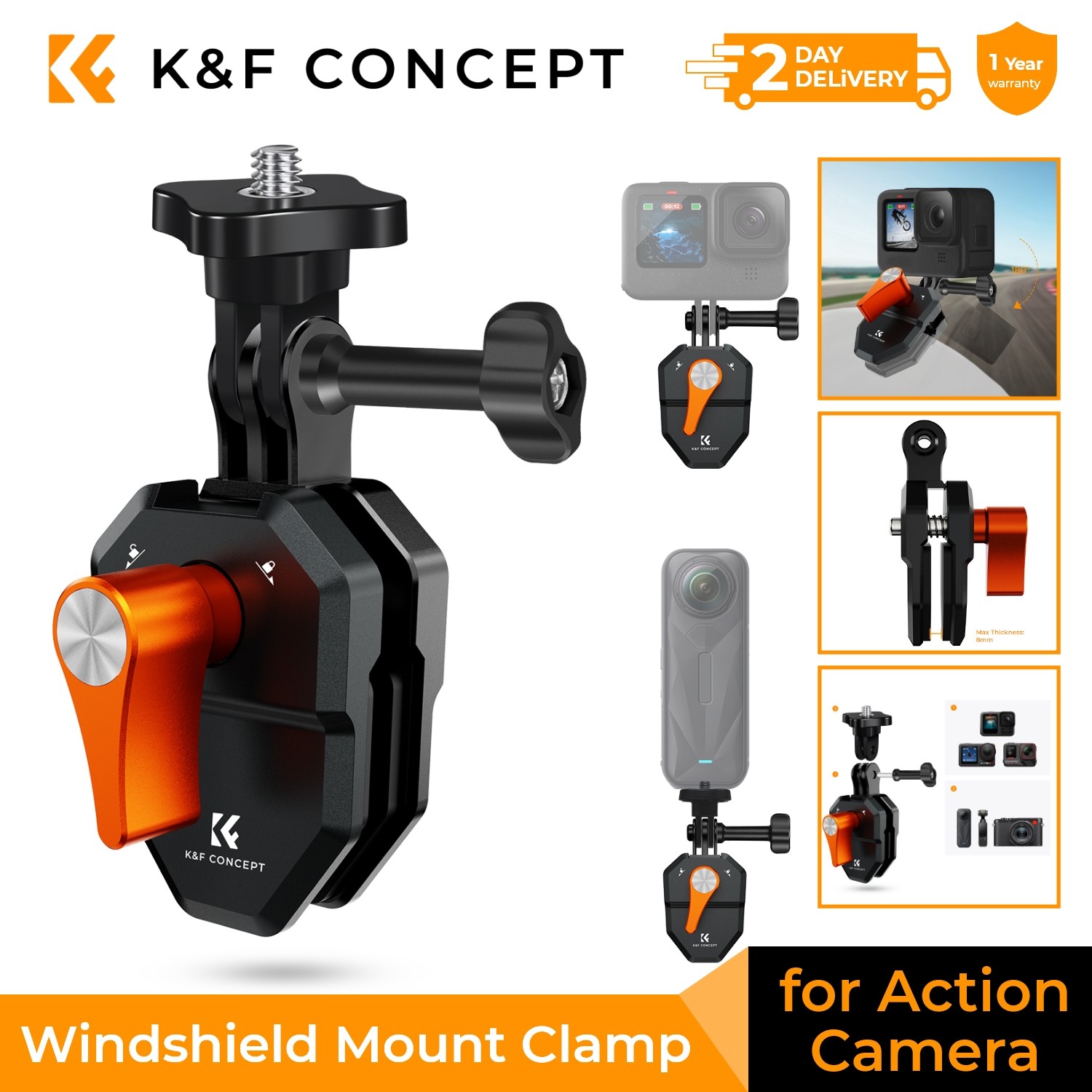 K&F CONCEPT Motorcycle Windshield Clip Mount Camera Clamp for GoPro DJI Insta360
