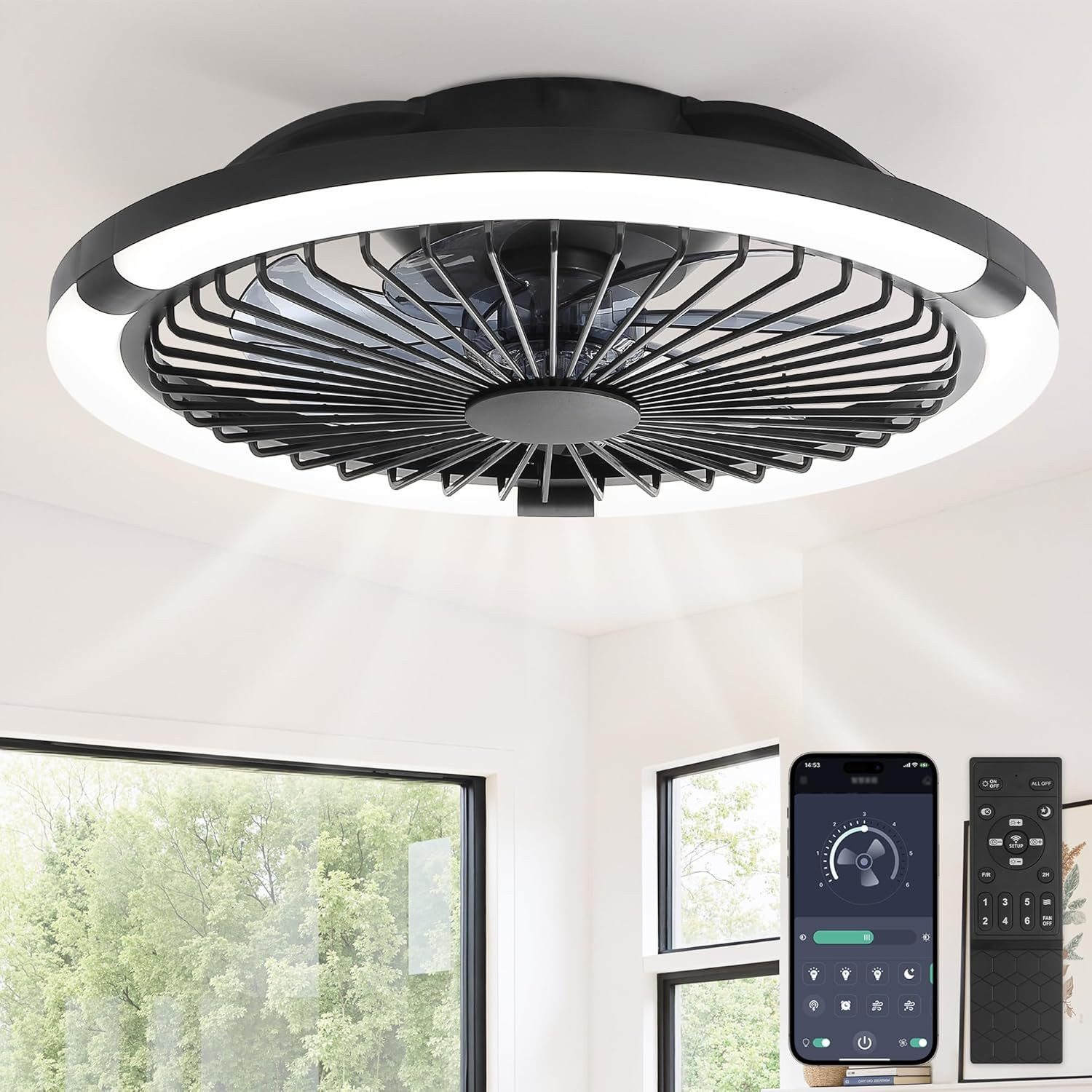 20" Bladeless Ceiling Fan with Light,Low Profile LED Ceiling Fans with Remote &