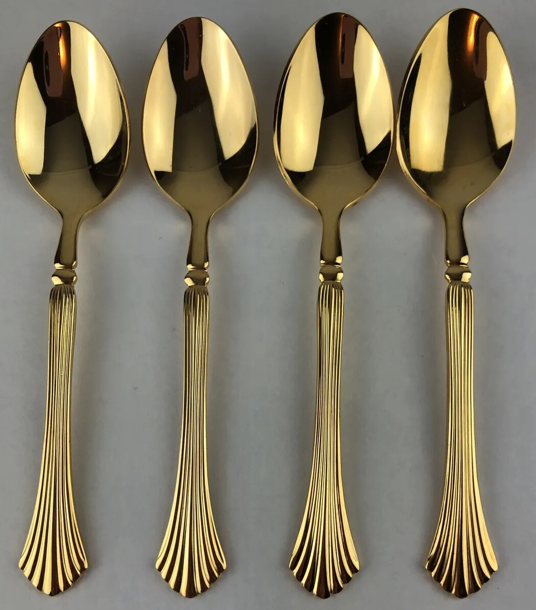 Stanley Roberts PAVILION Gold Electroplate Flatware 4 Teaspoons Spoon Silverware