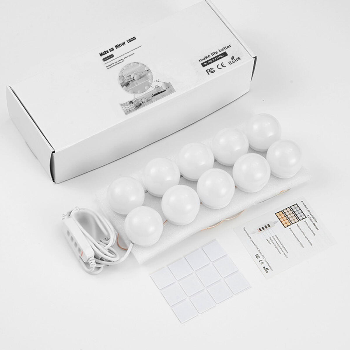 Vanity Light: Make Up Mirror with 10 LED Kit Bulbs & Dimmable Hollywood Lamp