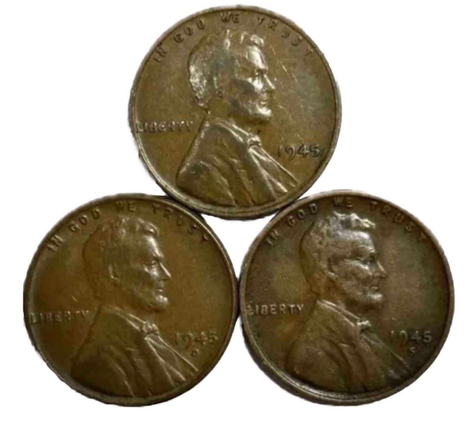 1945 P D S Lincoln Wheat Cents (3) Coins Average Circulated/Better FREE SHIPPING