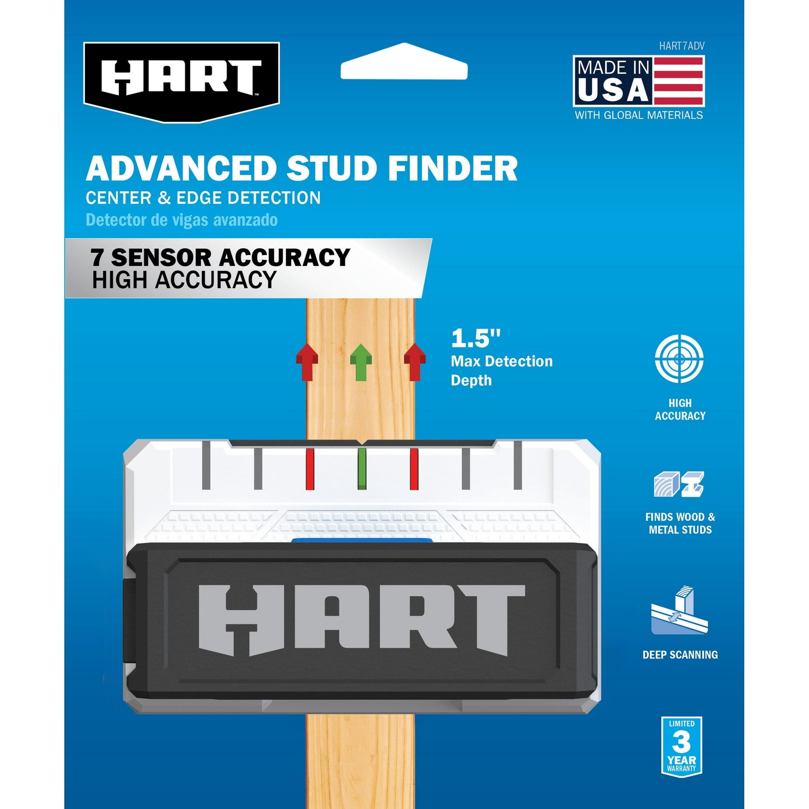 HART Advanced 7-Sensor 1.5'' Max Deep Scan LED Battery Powered Stud Finder