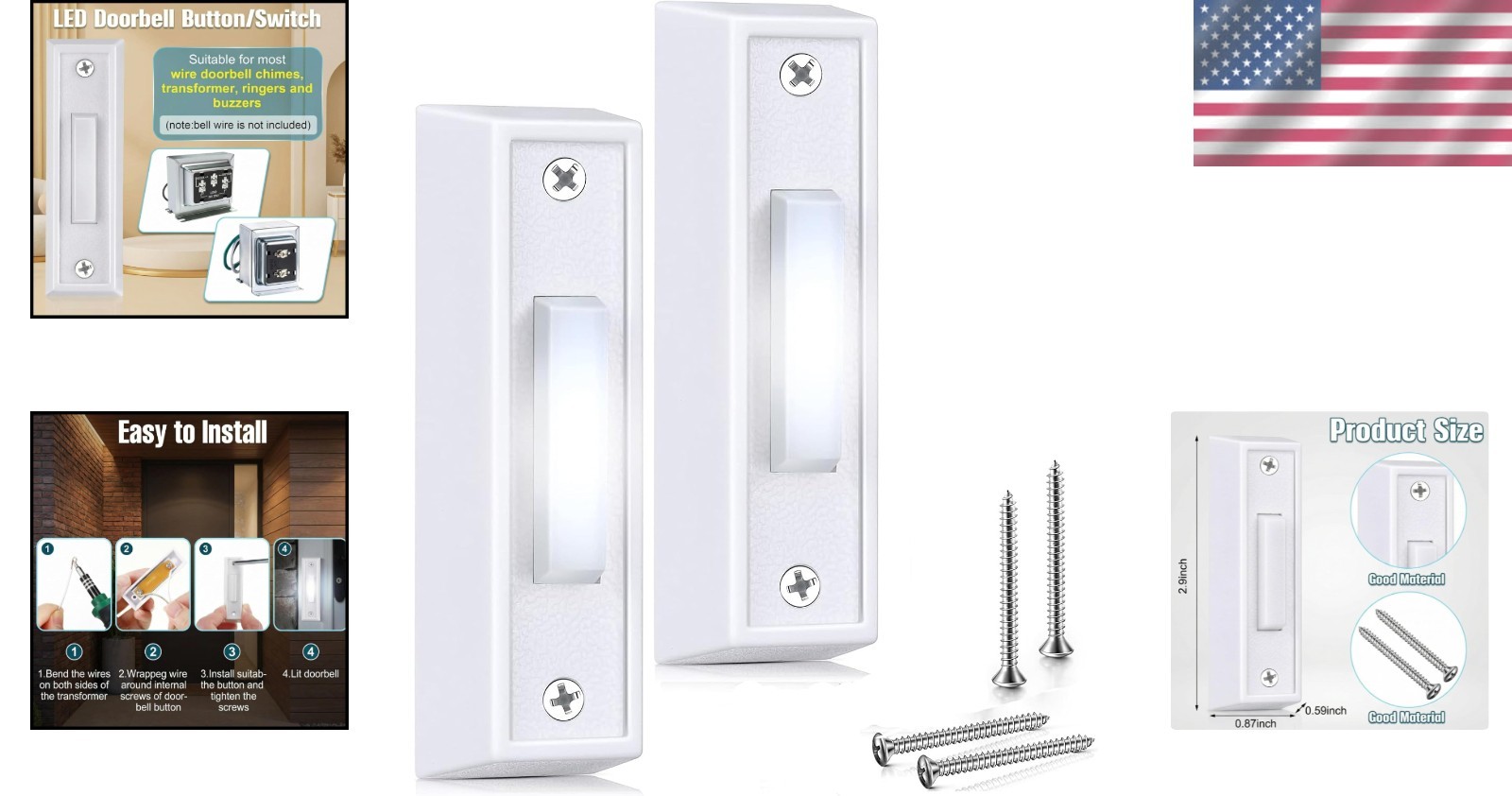 Lighted Push Button Doorbell - Energy-Saving Wired Solution (Pack of 2)