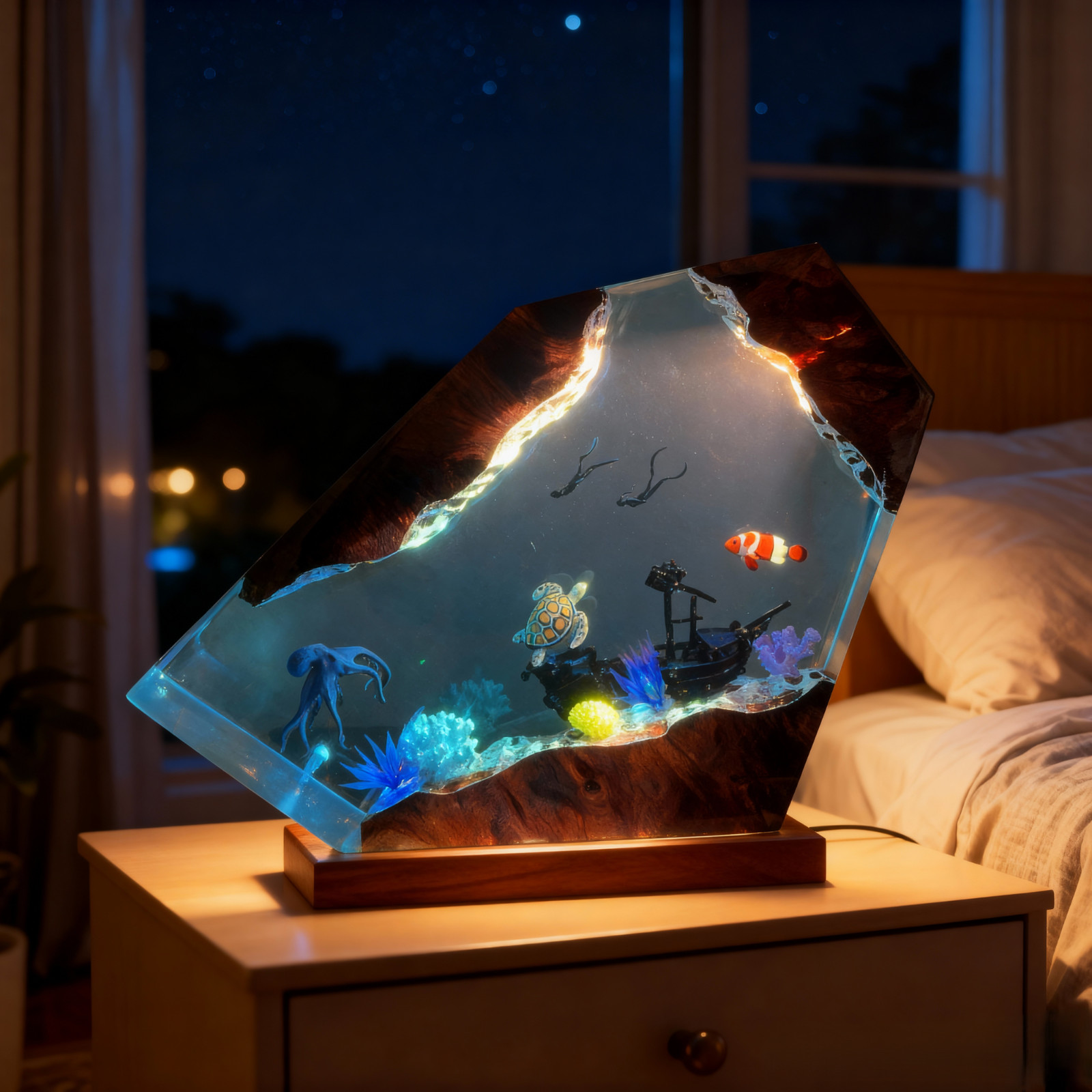 Ocean Resin Lamp, Turtle and Diver Lamp, Orca Shark and JellyFish Resin Lamp