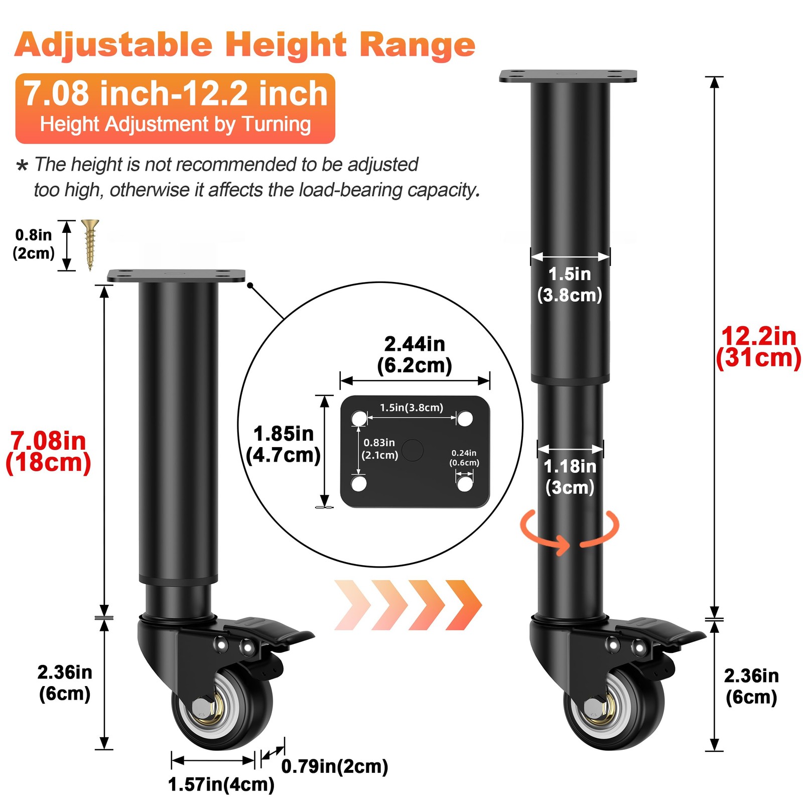 7-12 inch Metal Adjustable Furniture Legs with 2.36 inch Swivel Caster Wheels fo