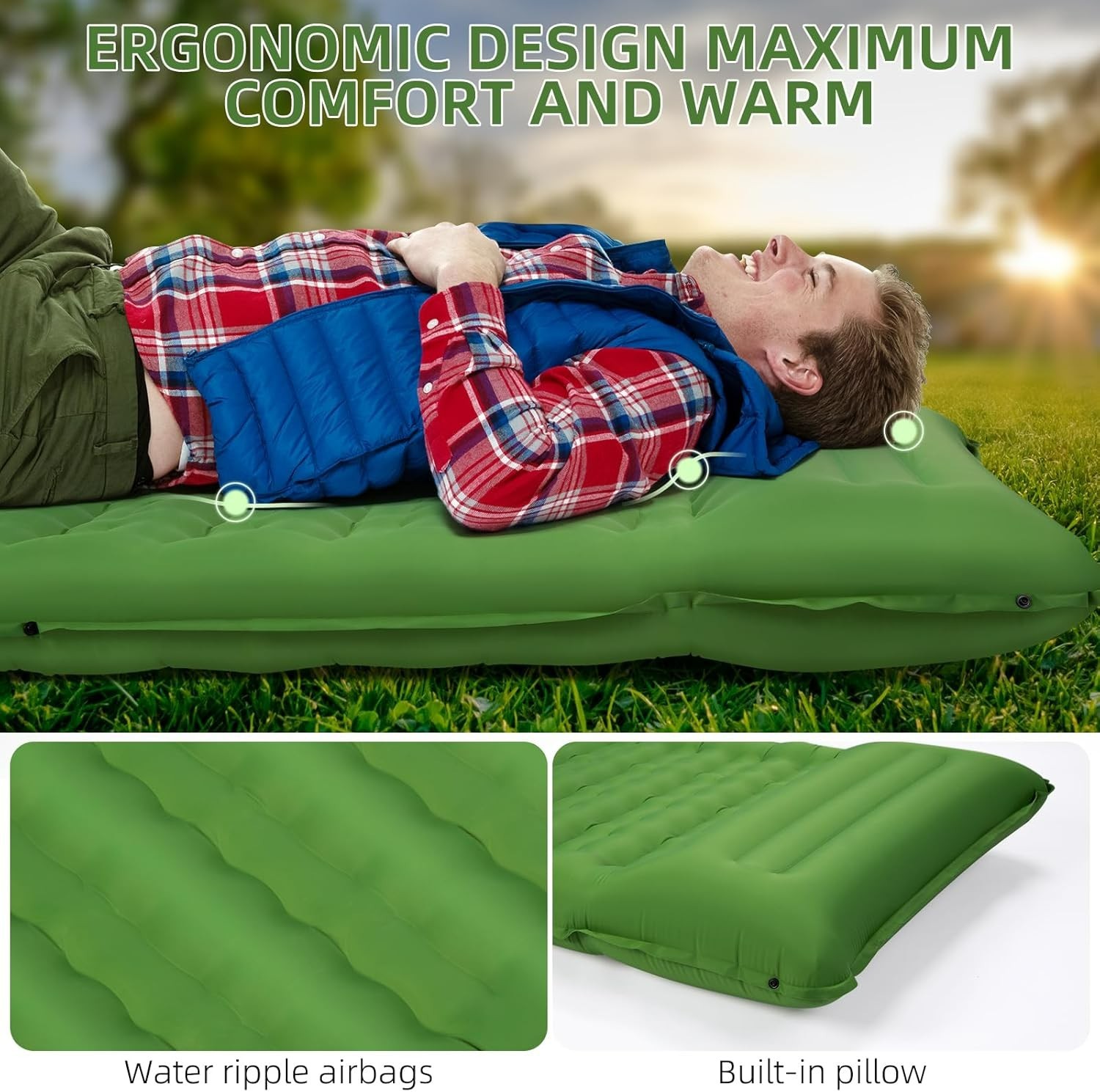 Compact Inflatable Sleeping Pad, 5-Inch Thick with Integrated Pillow for Camping