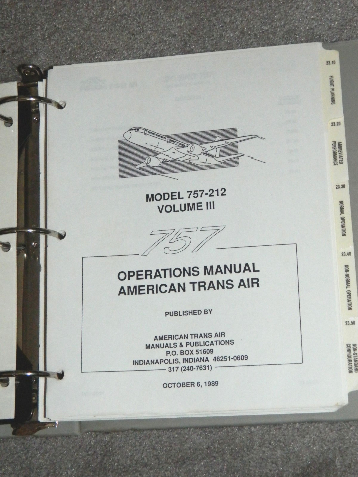 American Trans Air Boeing Model 757-212 Operations Manual Volume III in Binder