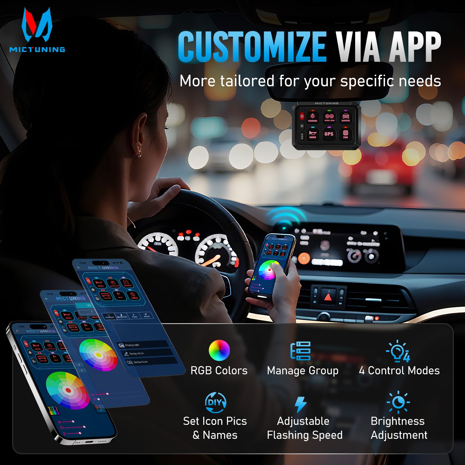 MICTUNING 6/8/12 Gang Switch Panel Wireless APP Remote Switch Control Marine Box