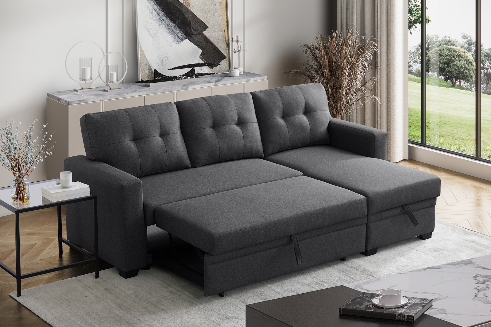 Convertible Upholstered Sectional Sofa with Pull-out Chaise