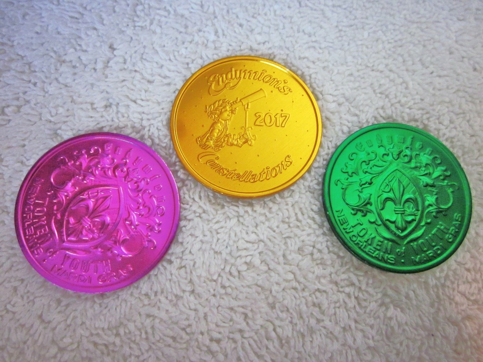 ENDYMION 2017  "SET of 3 MARDI GRAS PURPLE - GREEN - GOLD"  MARDI GRAS DOUBLOONS