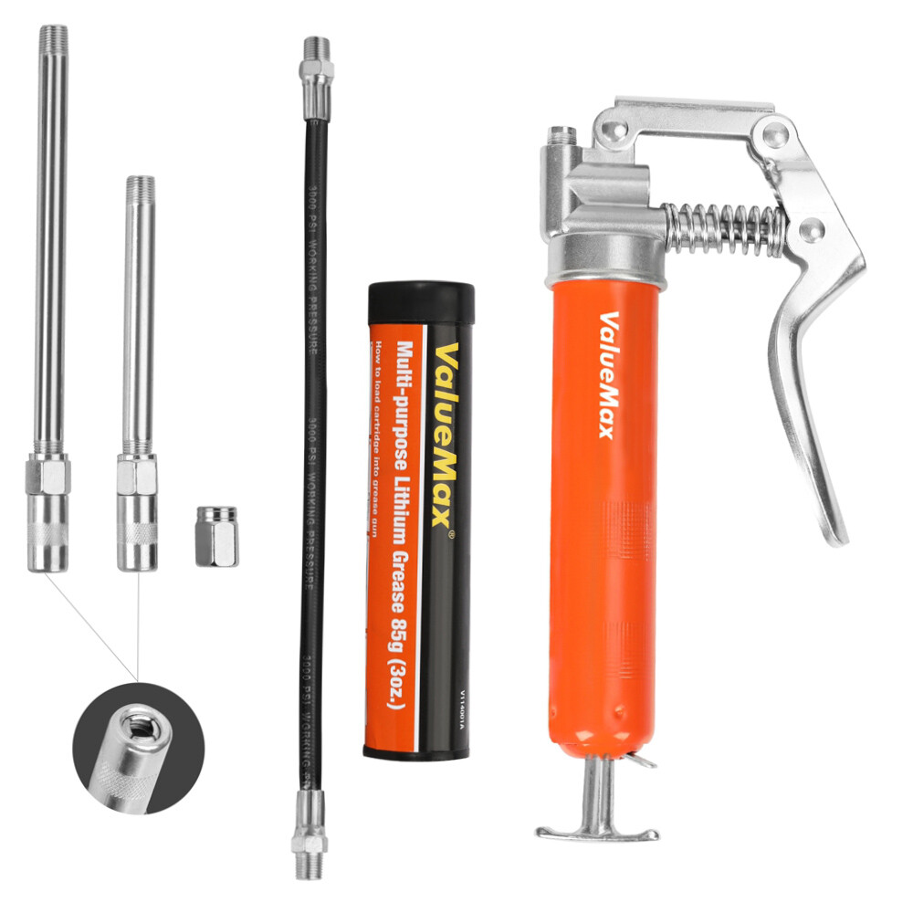 Mini Grease Gun Kit 3500 PSI 3OZ Grease 5''&3" Extension Tube 12'' Flexible Hose
