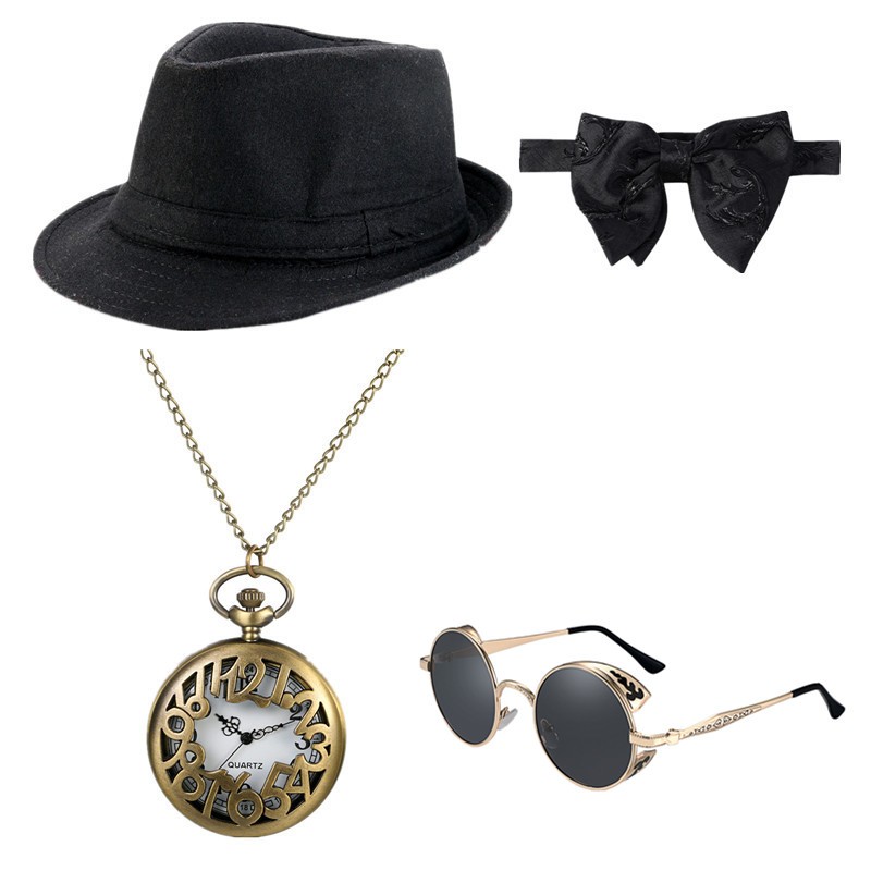 4X1920s Men Costume Accessory Fedora Hat,Pocket Watch,Pre-Tied Tie ,Sunglass Set
