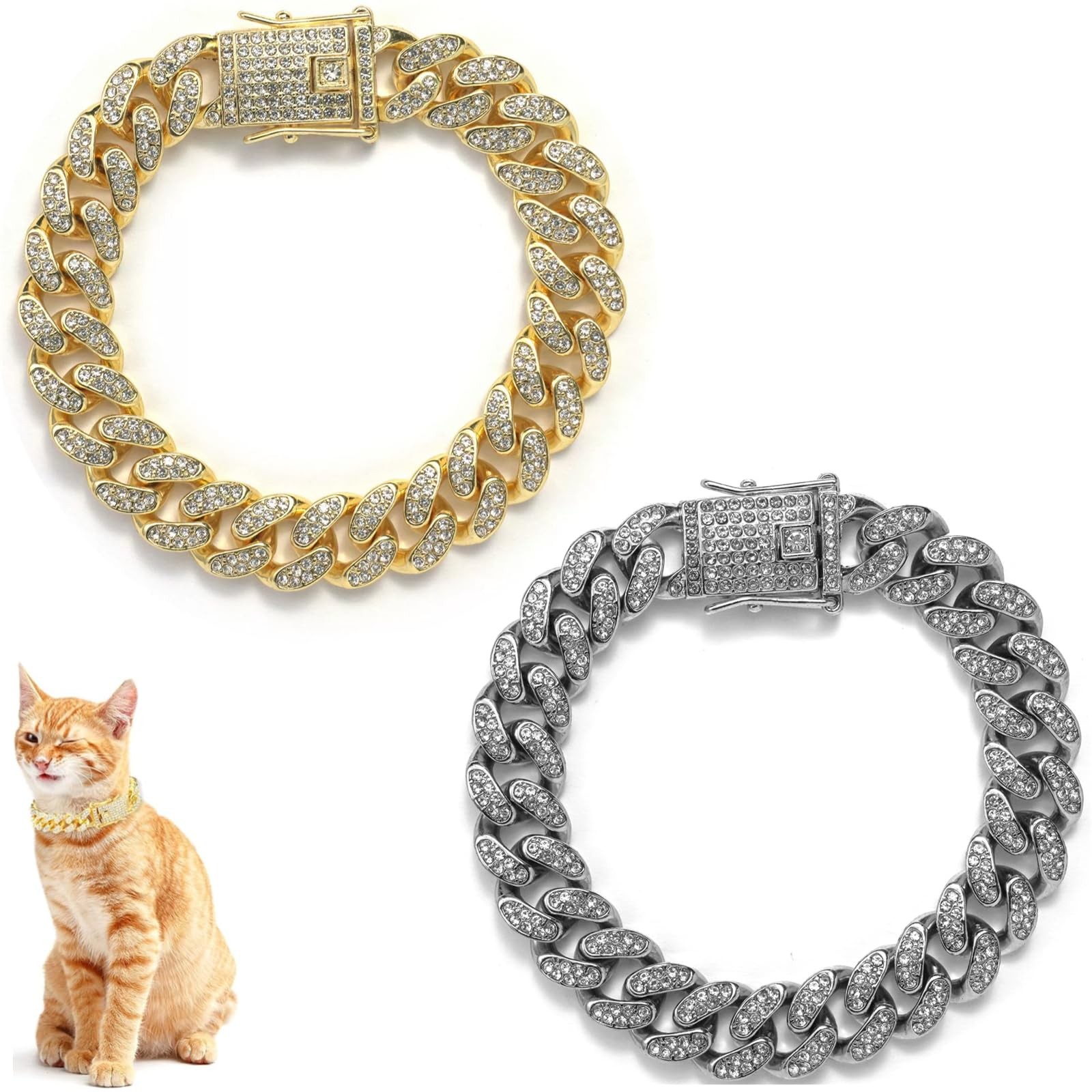 Cat Chain Collar, 2 Pcs Diamond Cuban Link Kitten 8inch, golden silvery