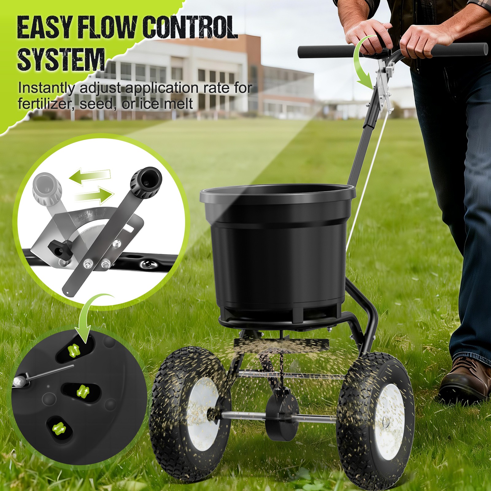 Fertilizer Spreader 50LBS Capacity 0–10FT Spreading Width Seed & Salt Spreader