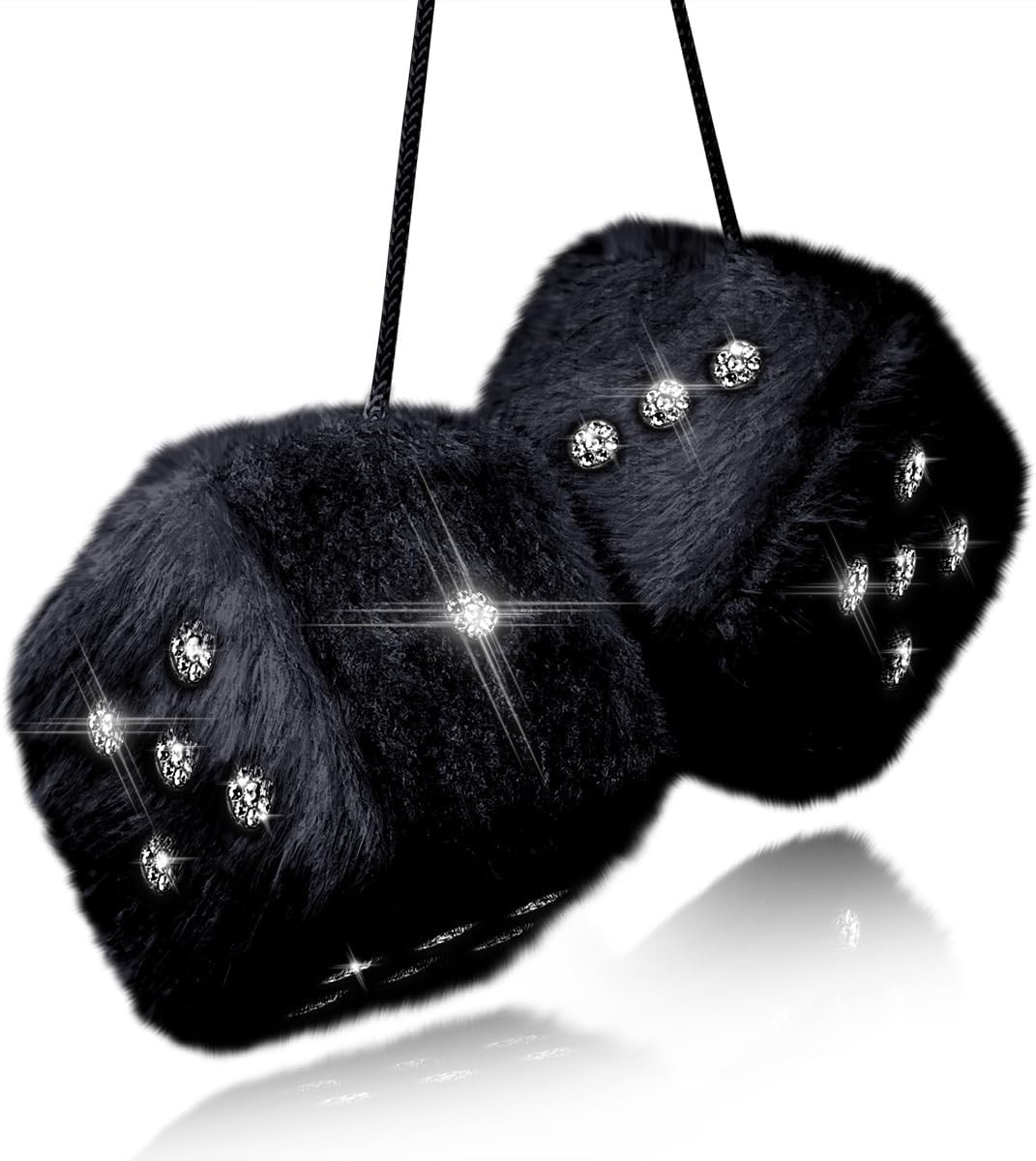 Black Fuzzy Dice with Rhinestones - Hanging Car Accessories for Women and Girls