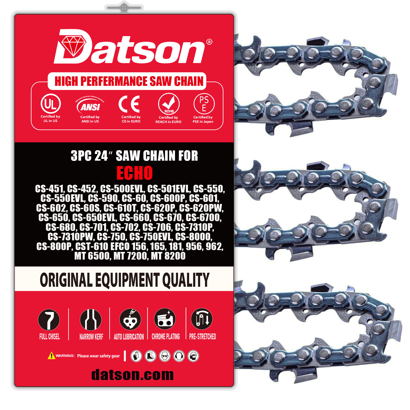 3PC,24" Chainsaw Chain FOR ECHO CS-550, CS-550EVL, CS-590, CS-60,3/8",.050,84DL