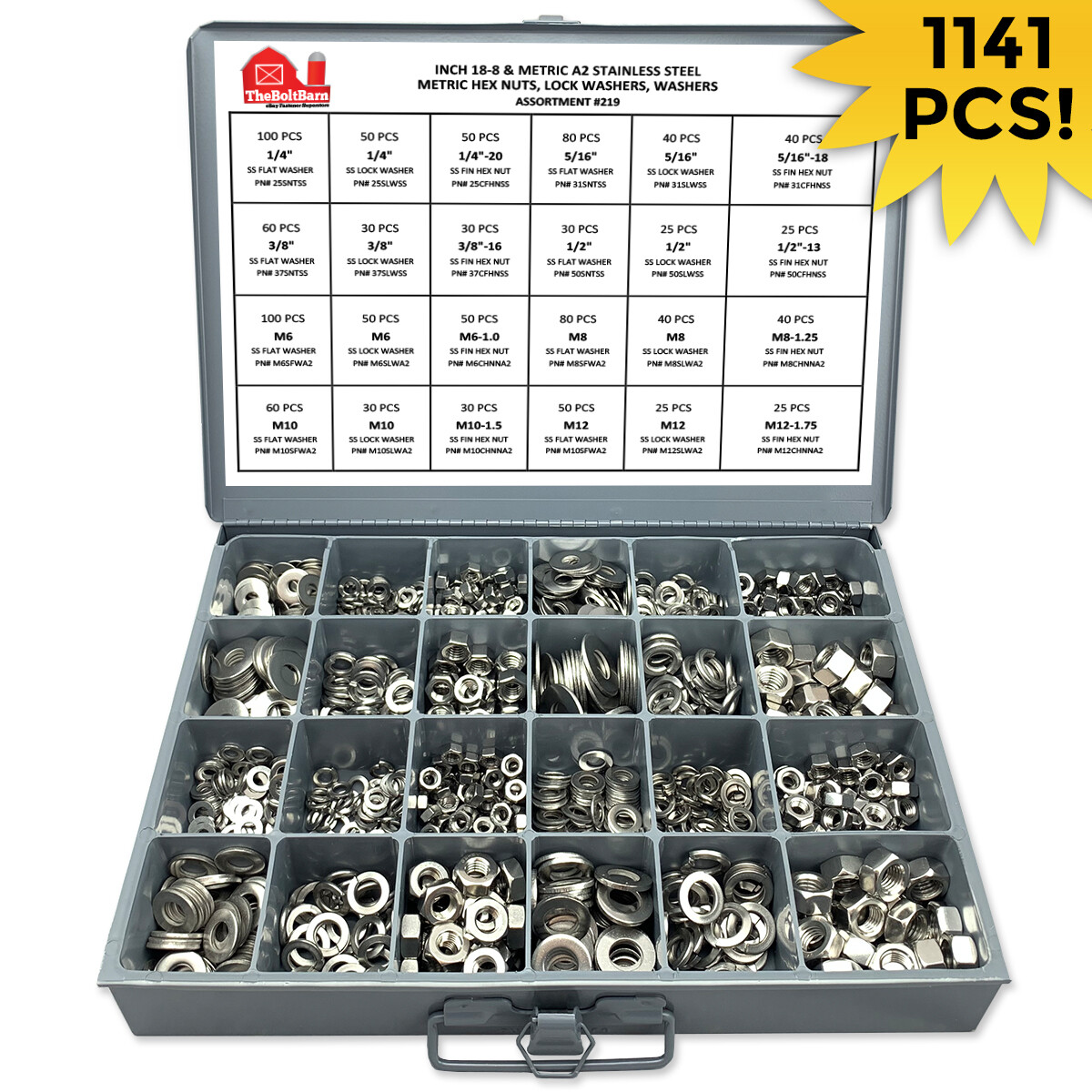 Inch & Metric STAINLESS Hex Nuts, Flat and Lock Washers Assortment 1141 Pcs