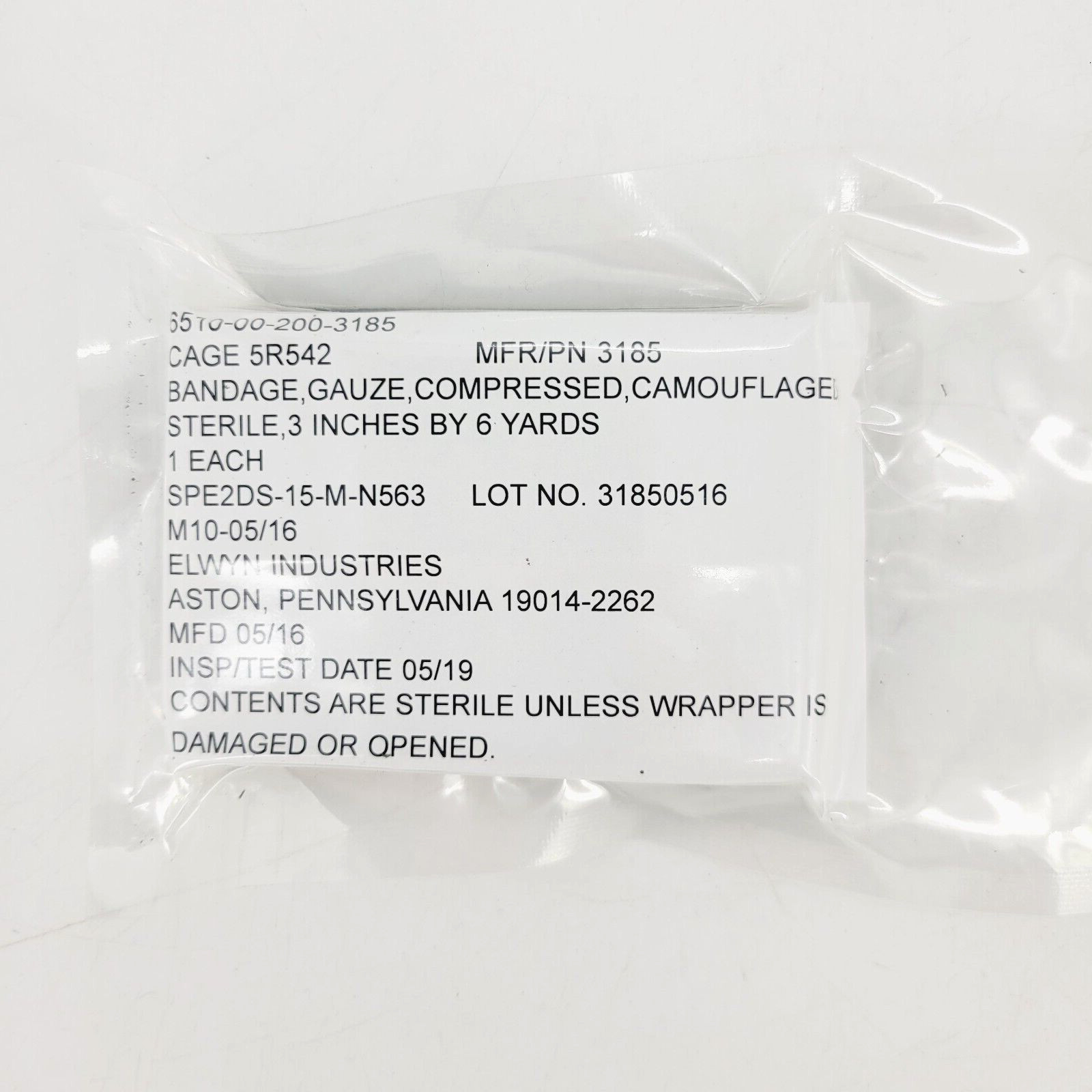 Elwyn Compressed Gauze Camouflage Bandage 3 in x 6 yd NSN 6510-00-200-3185