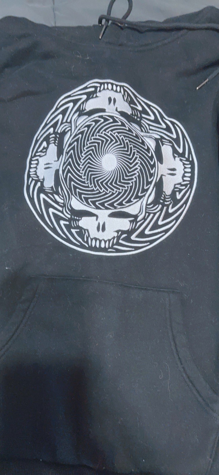Mountain Song Collective Spiral  Stealie embroidered white on Black Hoodie M
