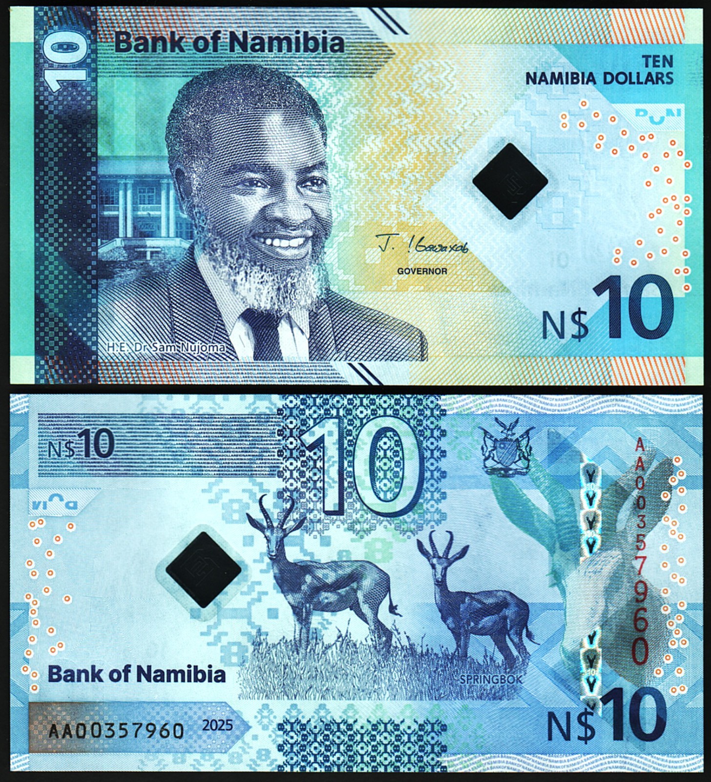 Namibia 10 Dollars 2025 UNC, P-20 New Design New Security feature Hybrid Polymer