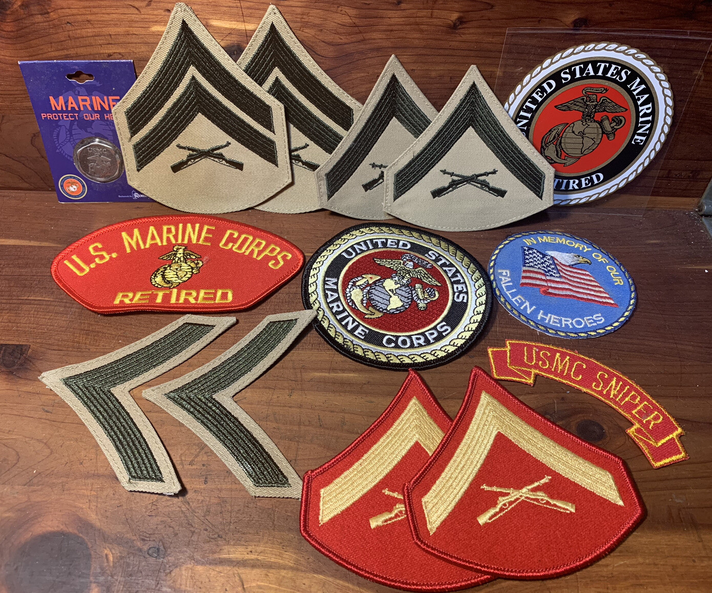 Vintage Lot of USMC Patches,  Decal and Medallion. USMC Sniper, Retired