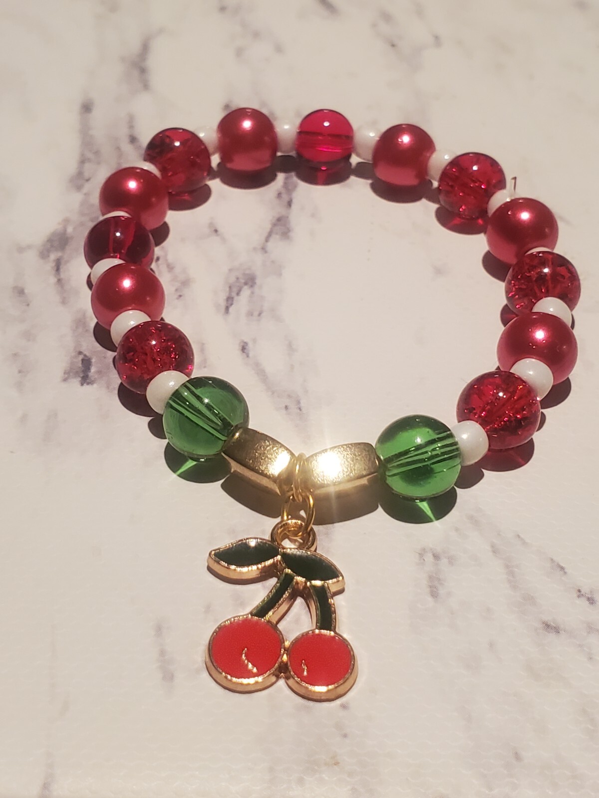 Beautiful Handmade Red Cherry Charmed Glass Beaded Bracelet  Red & White