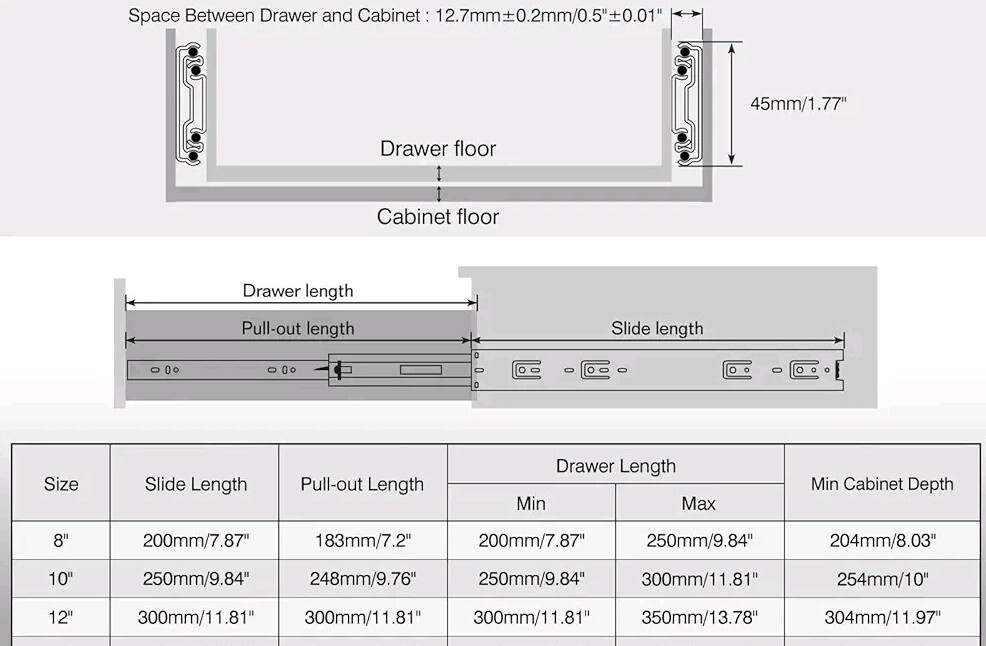1 Pair Full Extension Drawer Slides 8 10 12 14 16 18 20 22 24 Inch 100 lb...