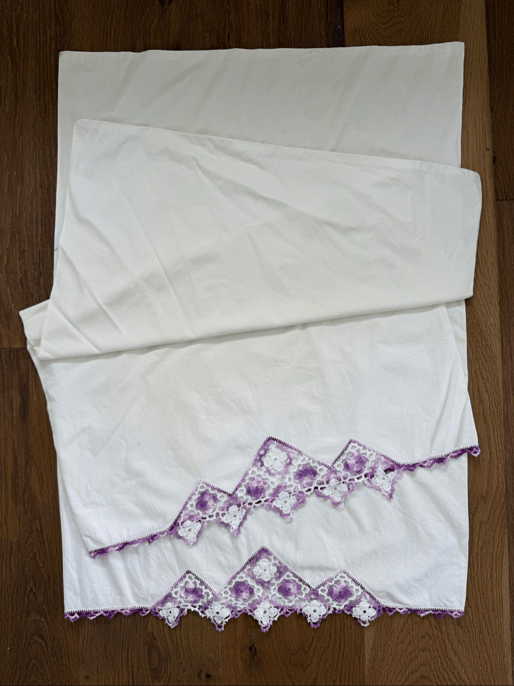 2 Vintage Queen Size Pillowcases Purple Crochet Lace Detail 34” x 20”