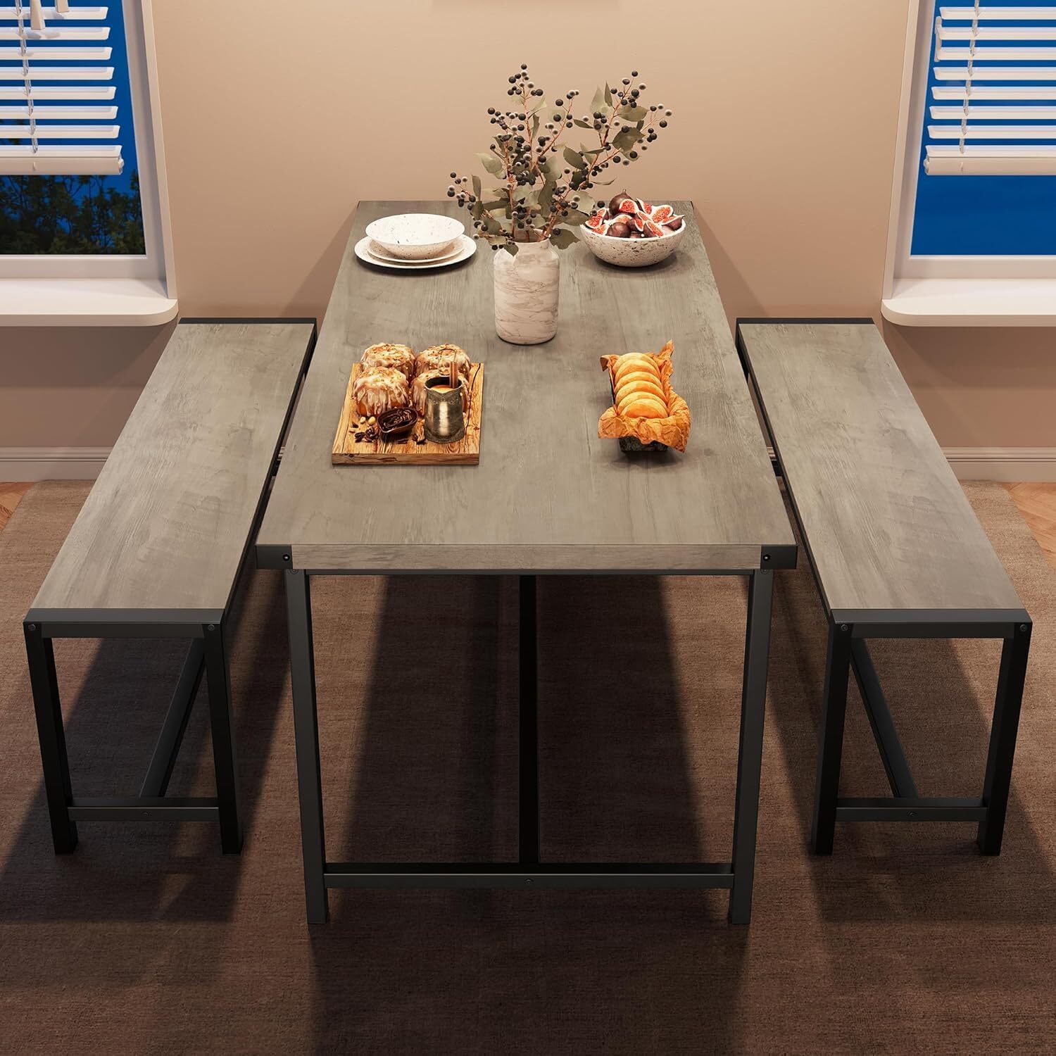 Kitchen Dining Table Set for 4 People Dinner Table with 2 Bench for Dining Room