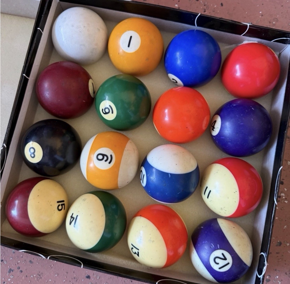 Complete Billiard Ball Set Numbers 1-15 with Cue Ball and Box