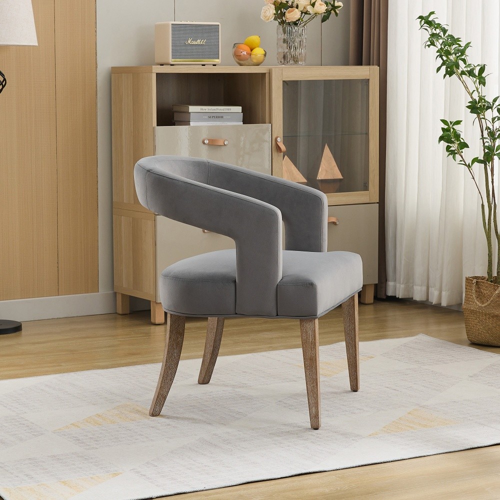 Gray Velvet Barrel Open Back Upholstered Accent Chair with Solid Wood LegsChairs