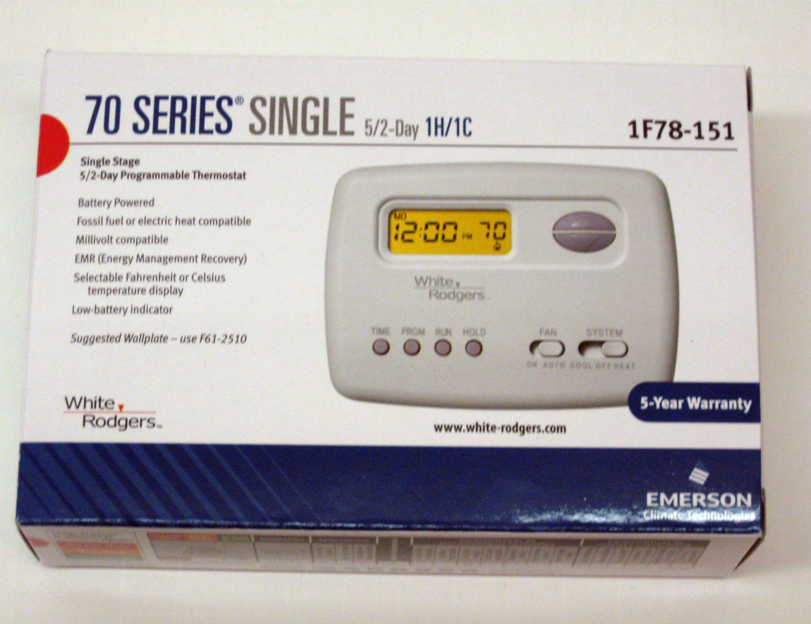 1F78-151 White Rodgers Wall Thermostat 24V Millivolt Battery Programmable 5+2