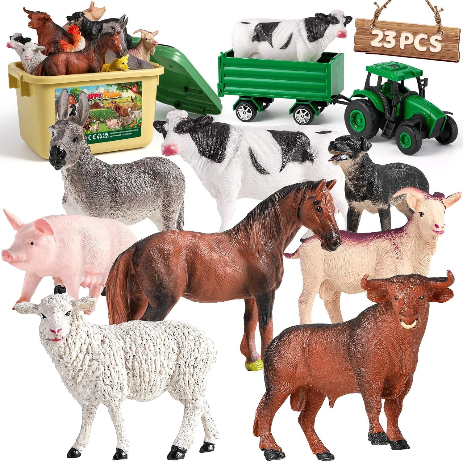 23pcs Farm Animals Figures Playset,Tractor Fence Educational Cow Sheep Figurines